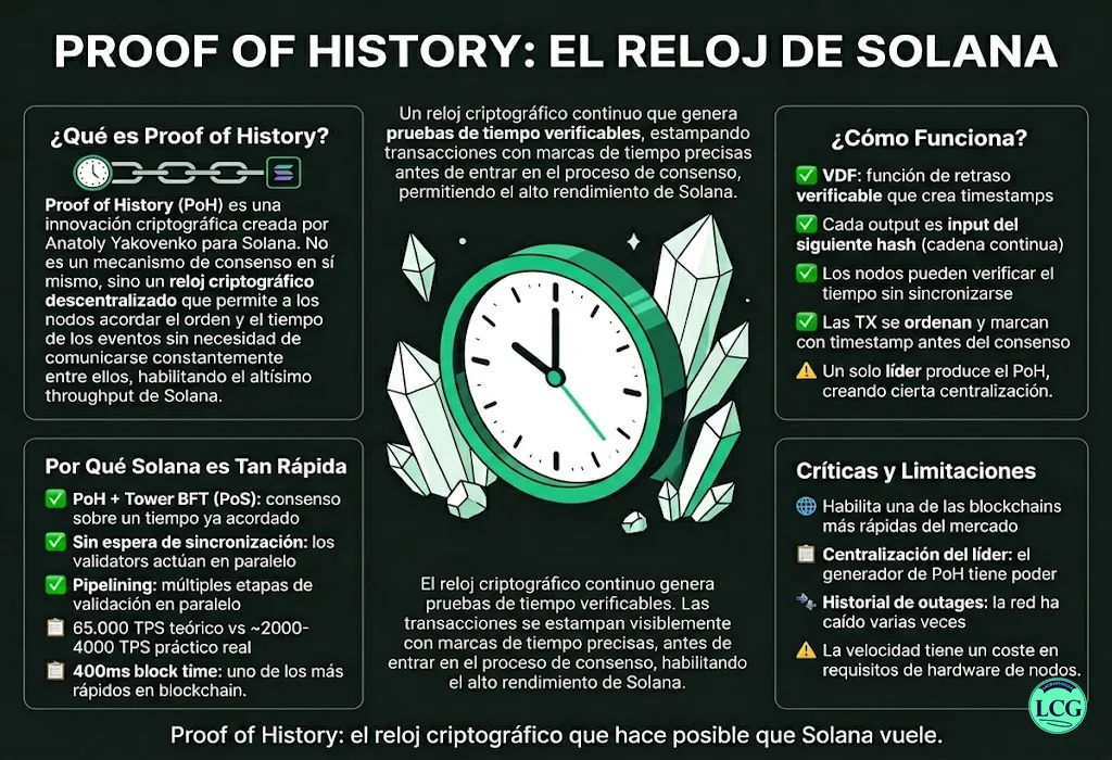 Infografía explicativa sobre Proof Of History en blockchain y crypto