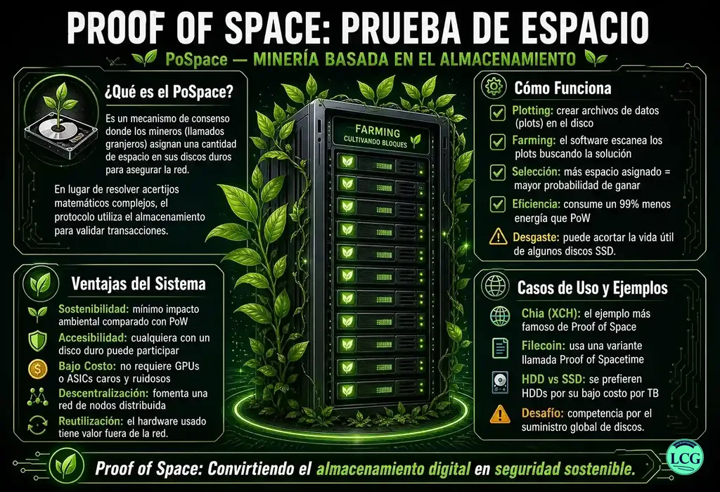Infograf&iacute;a explicativa sobre Proof Of Space (Pospace) en blockchain y crypto