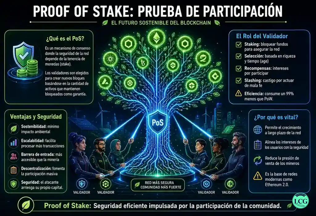 Infograf&iacute;a explicativa sobre Proof Of Stake Pos en blockchain y crypto