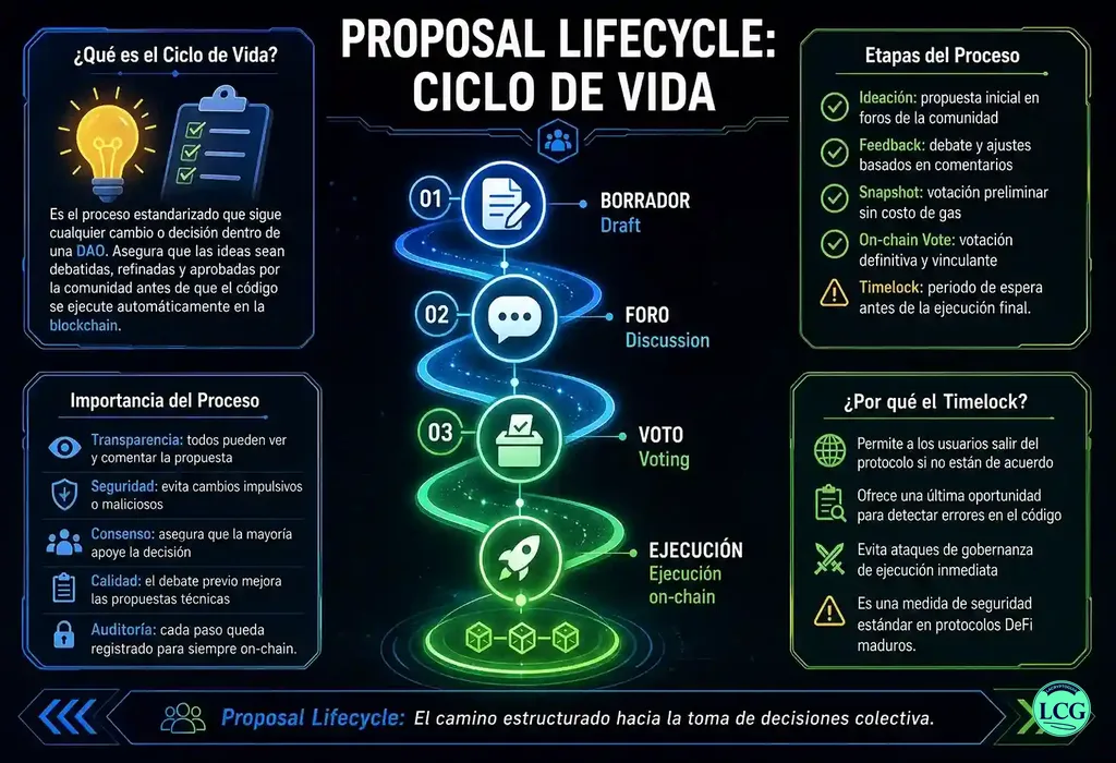 Infograf&iacute;a explicativa sobre Proposal Lifecycle en blockchain y crypto