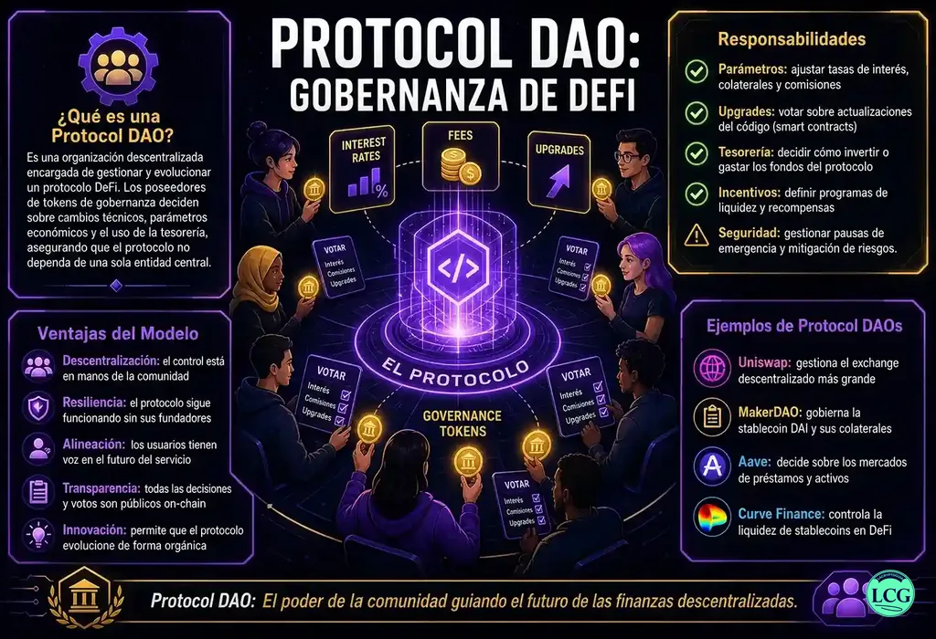 Infograf&iacute;a explicativa sobre Protocol Dao en blockchain y crypto