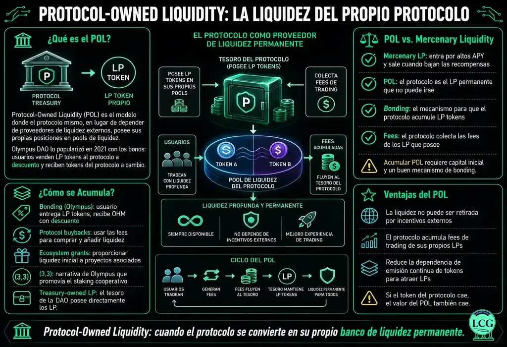 Infograf&iacute;a explicativa sobre Protocol Owned Liquidity (Pol) en blockchain y crypto