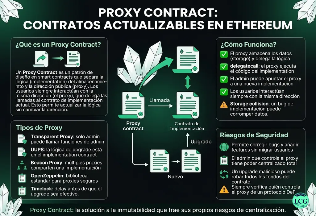 Infograf&iacute;a explicativa sobre Proxy Contract en blockchain y crypto