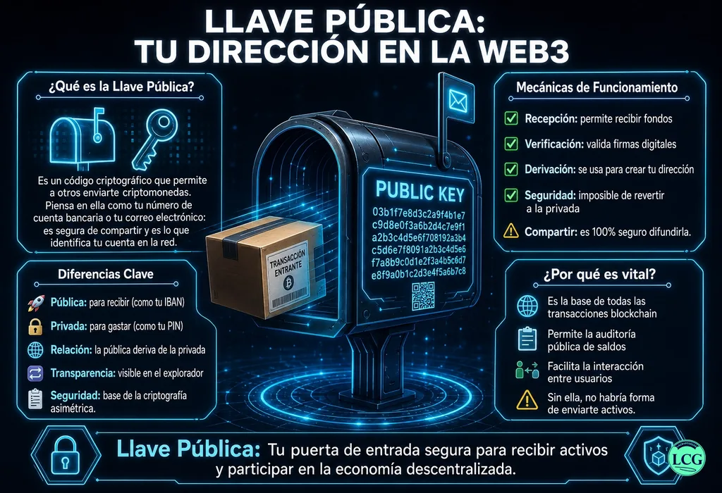 Infograf&iacute;a explicativa sobre Public Key en blockchain y crypto