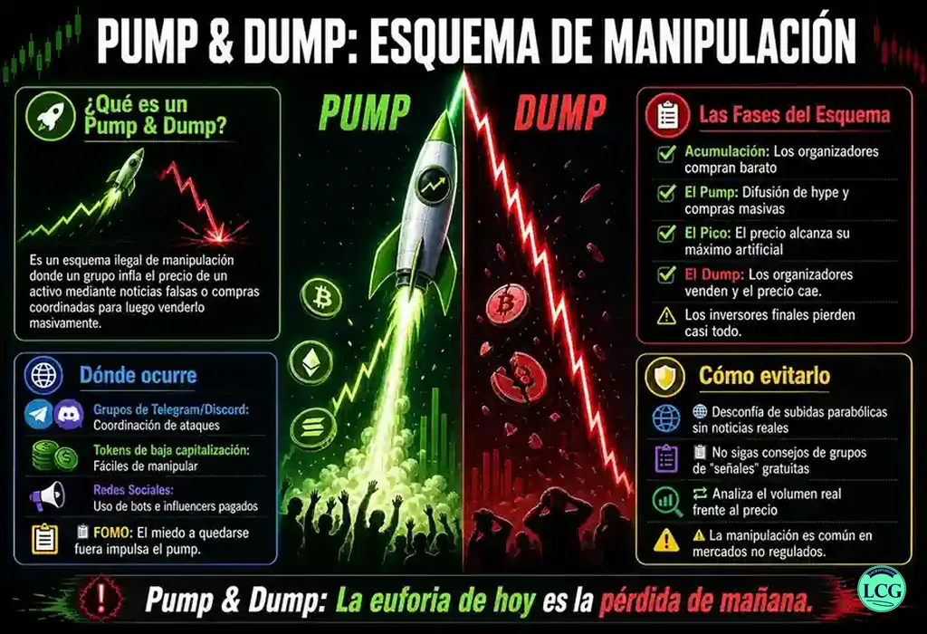 Infograf&iacute;a explicativa sobre Pump And Dump en blockchain y crypto