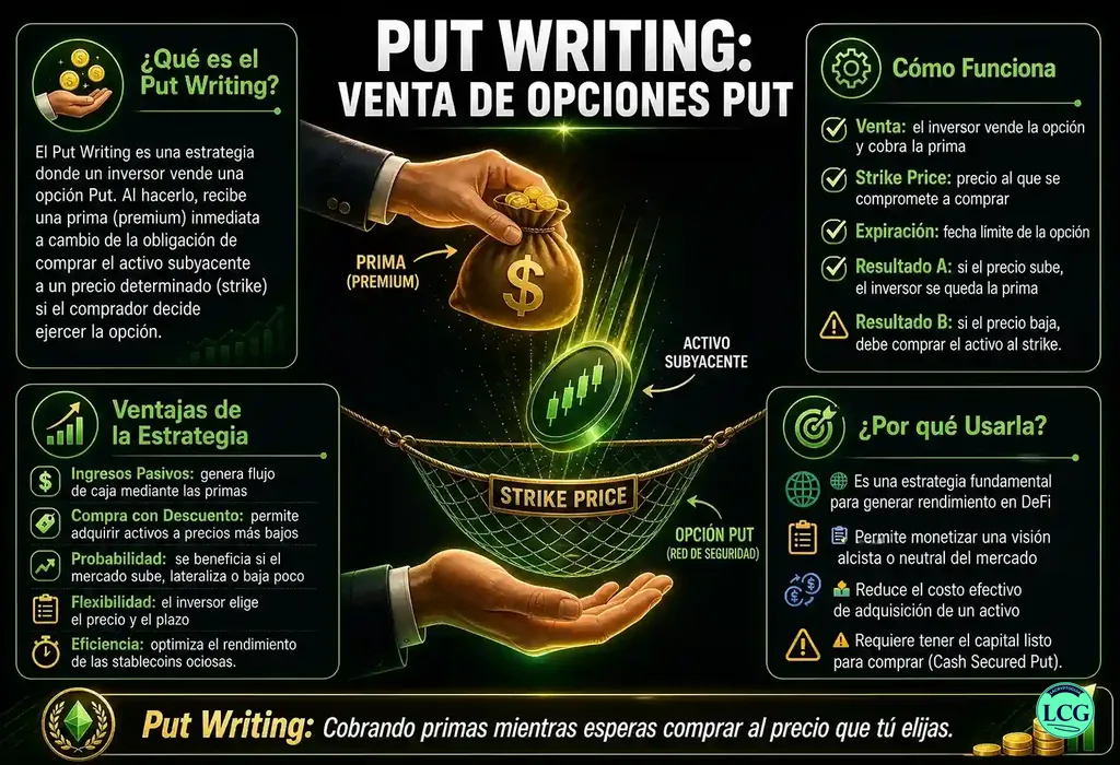 Infograf&iacute;a explicativa sobre Put Writing en blockchain y crypto
