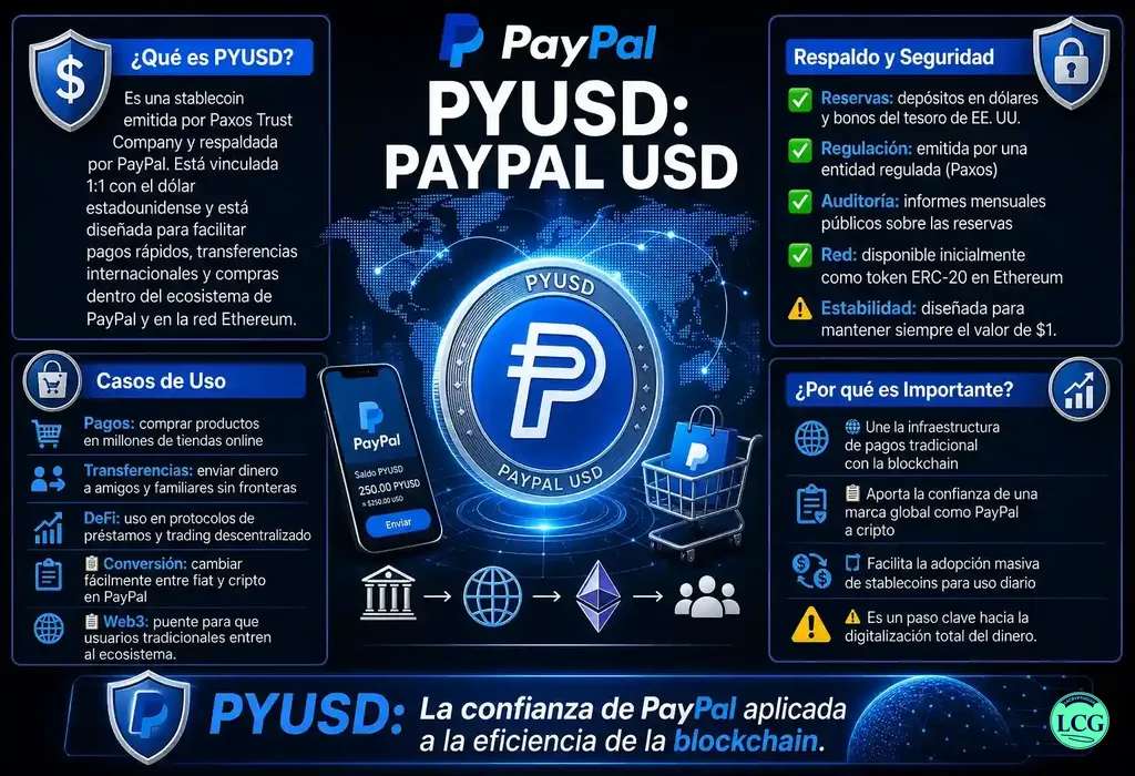 Infograf&iacute;a explicativa sobre Pyusd en blockchain y crypto