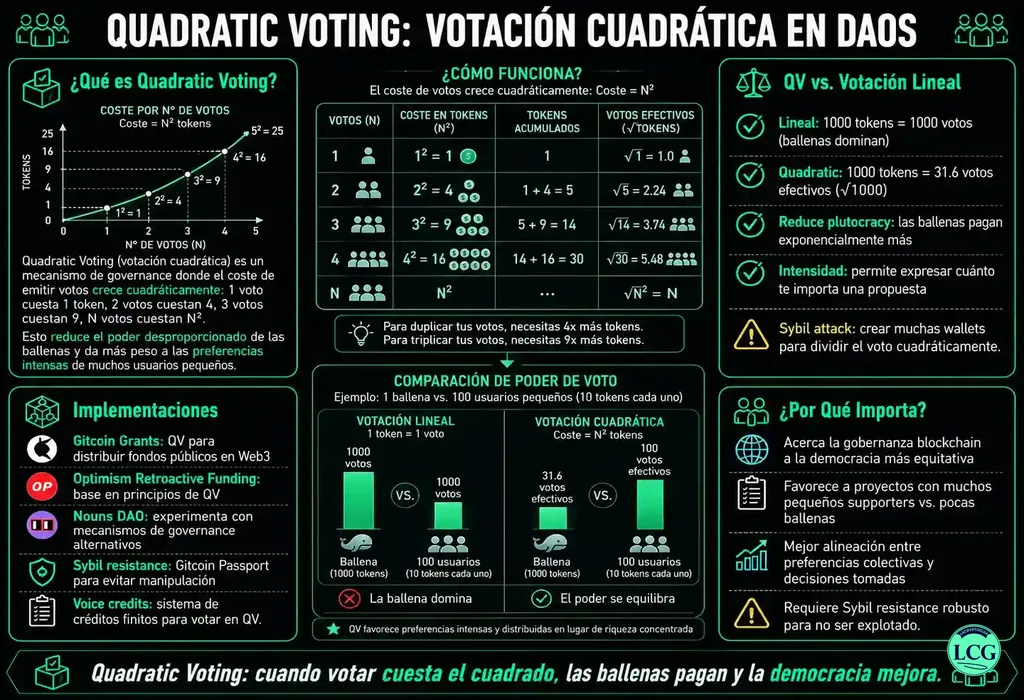 Infograf&iacute;a explicativa sobre Quadratic Voting en blockchain y crypto