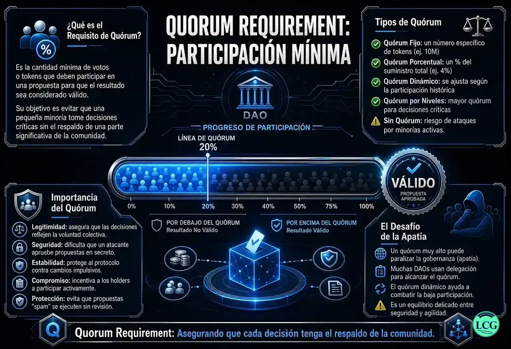Infograf&iacute;a explicativa sobre Quorum Requirement en blockchain y crypto