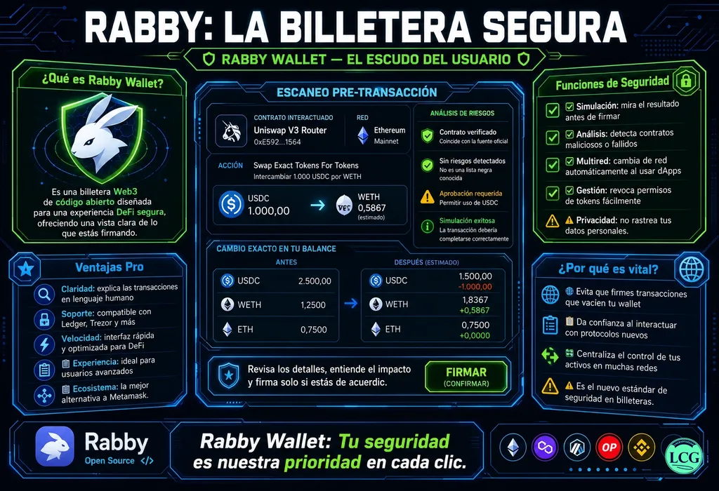 Infograf&iacute;a explicativa sobre Rabby Wallet en blockchain y crypto