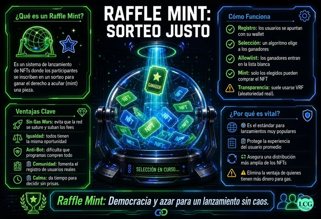 Infograf&iacute;a explicativa sobre Raffle Mint en blockchain y crypto