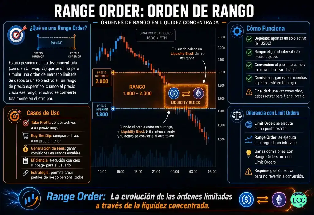 Infograf&iacute;a explicativa sobre Range Order en blockchain y crypto