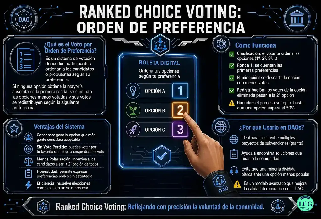 Infograf&iacute;a explicativa sobre Ranked Choice Voting en blockchain y crypto