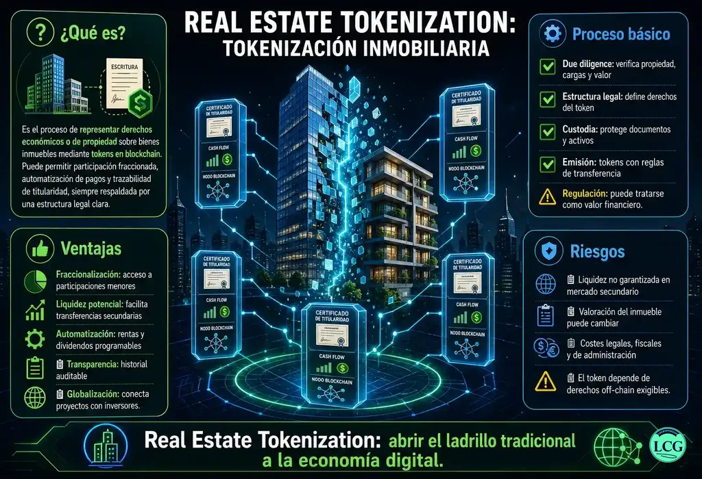 Infograf&iacute;a explicativa sobre Real Estate Tokenization en blockchain y crypto