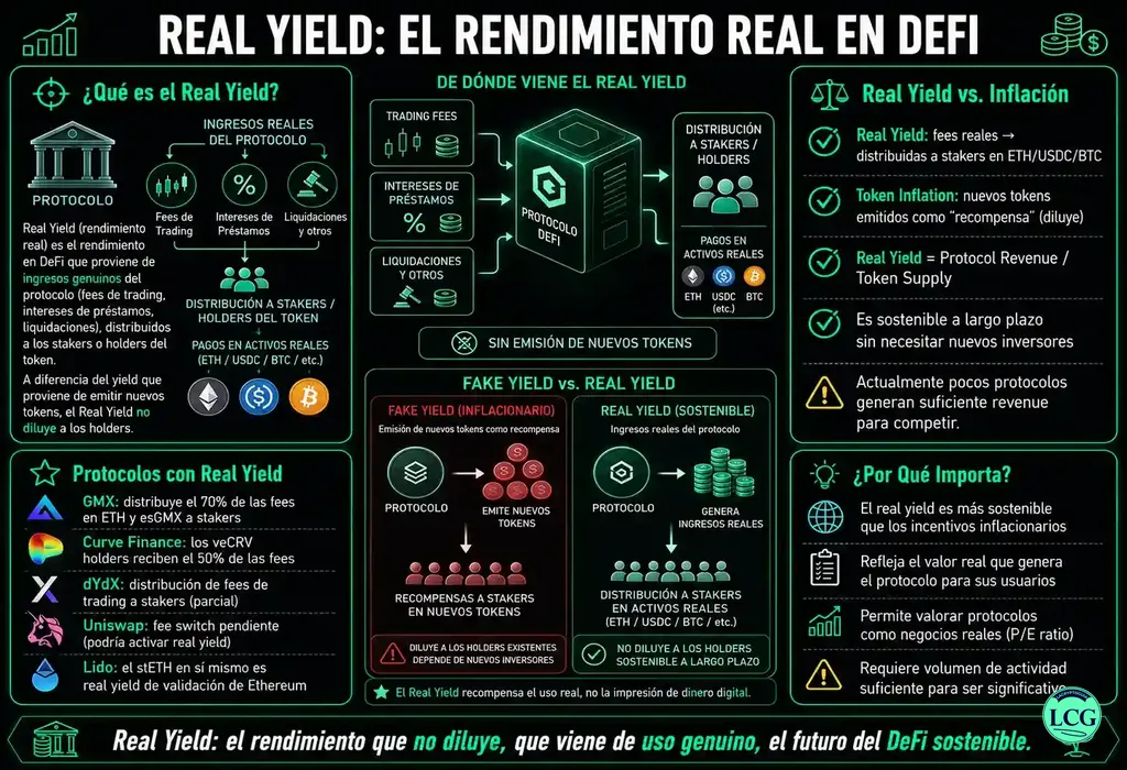 Infograf&iacute;a explicativa sobre Real Yield en blockchain y crypto