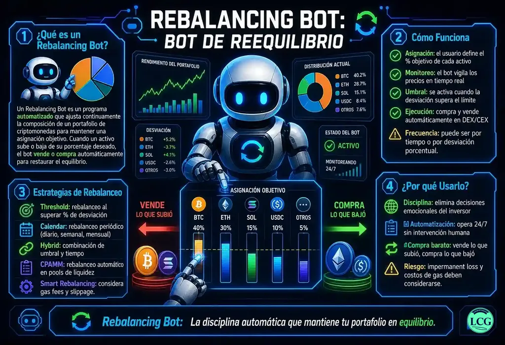 Infograf&iacute;a explicativa sobre Rebalancing Bot en blockchain y crypto