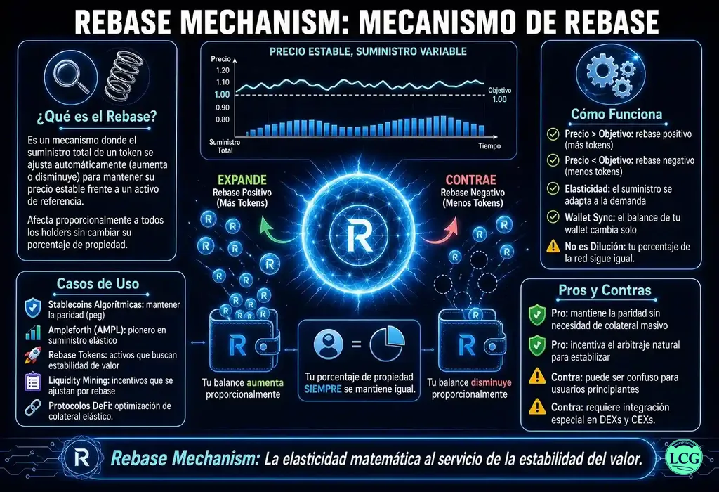 Infograf&iacute;a explicativa sobre Rebase Mechanism en blockchain y crypto