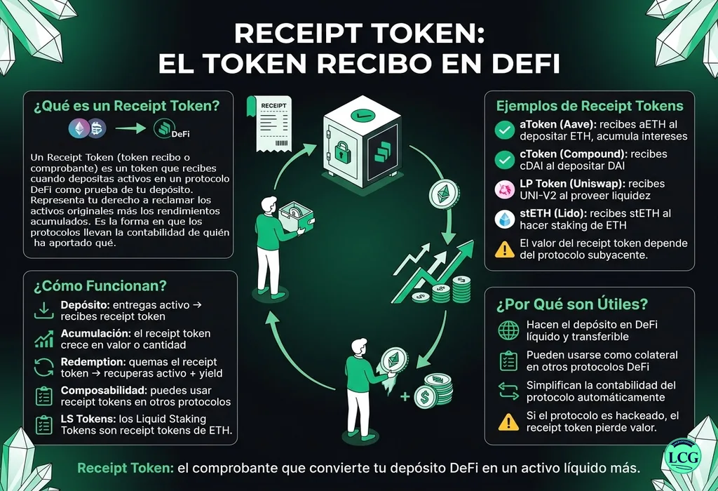 Infograf&iacute;a explicativa sobre Receipt Token en blockchain y crypto