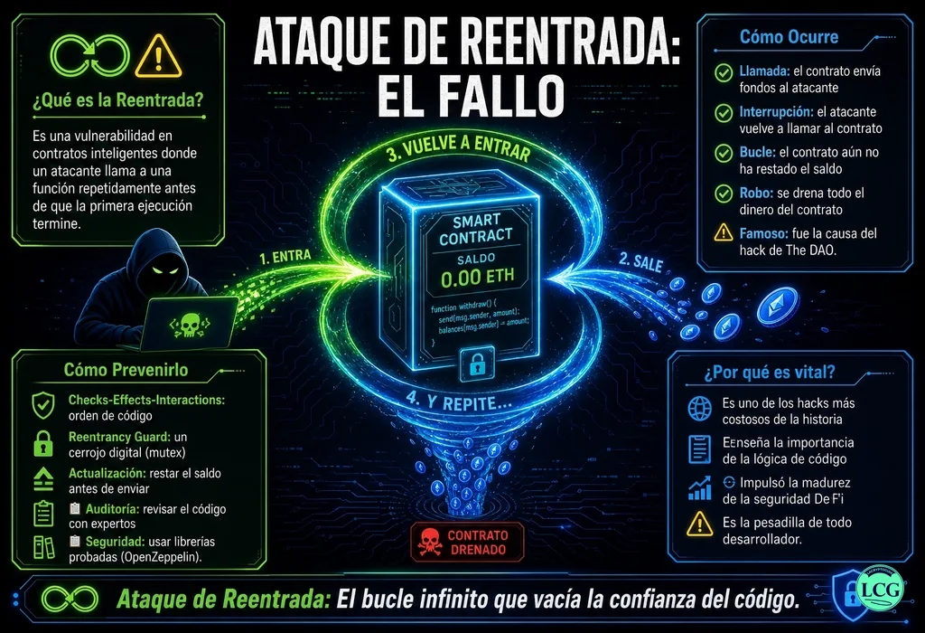Infograf&iacute;a explicativa sobre Reentrancy Attack en blockchain y crypto