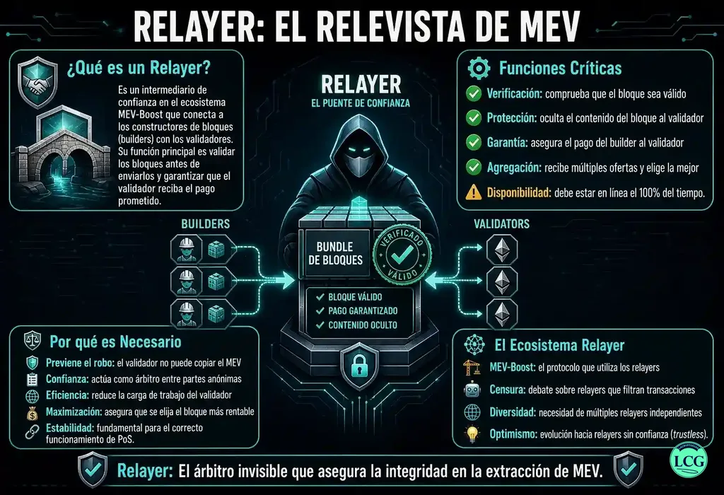 Infograf&iacute;a explicativa sobre Relayer (Mev) en blockchain y crypto