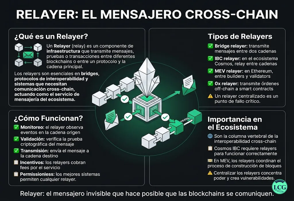 Infograf&iacute;a explicativa sobre Relayer en blockchain y crypto