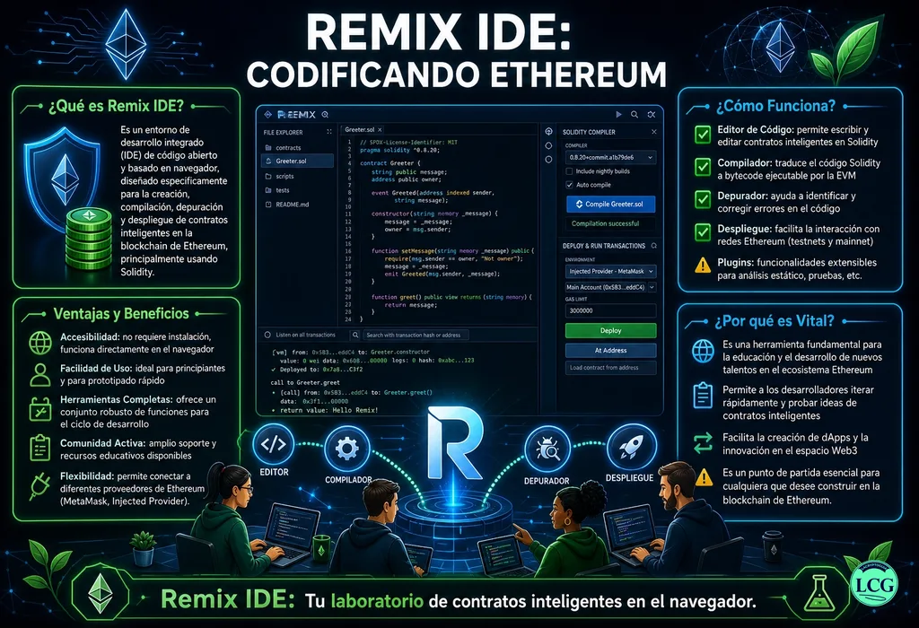 Infografía explicativa sobre Remix Ide en blockchain y crypto