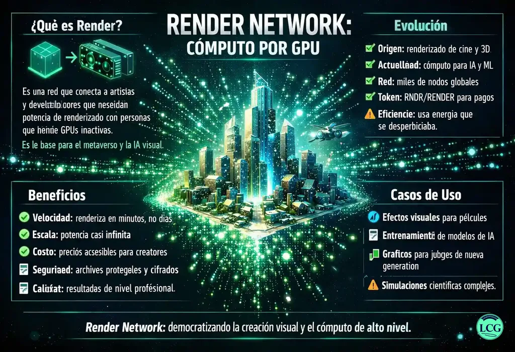 Infograf&iacute;a explicativa sobre Render Network (Rndr) en blockchain y crypto