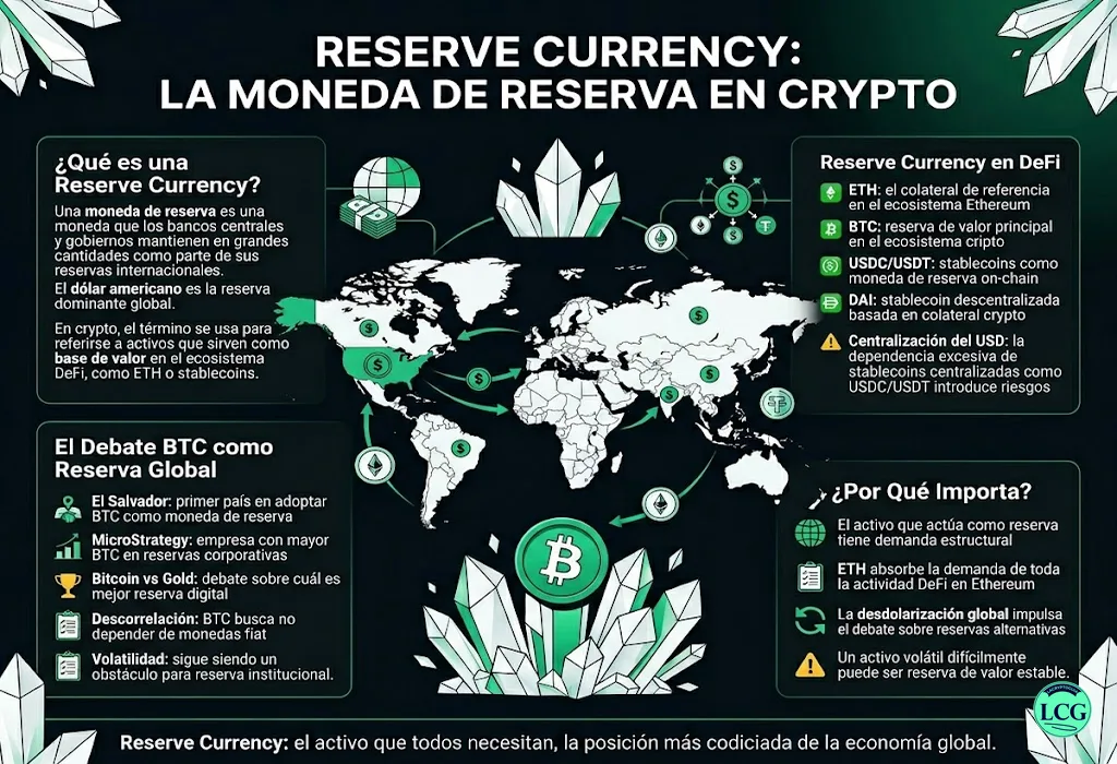 Infograf&iacute;a explicativa sobre Reserve Currency en blockchain y crypto