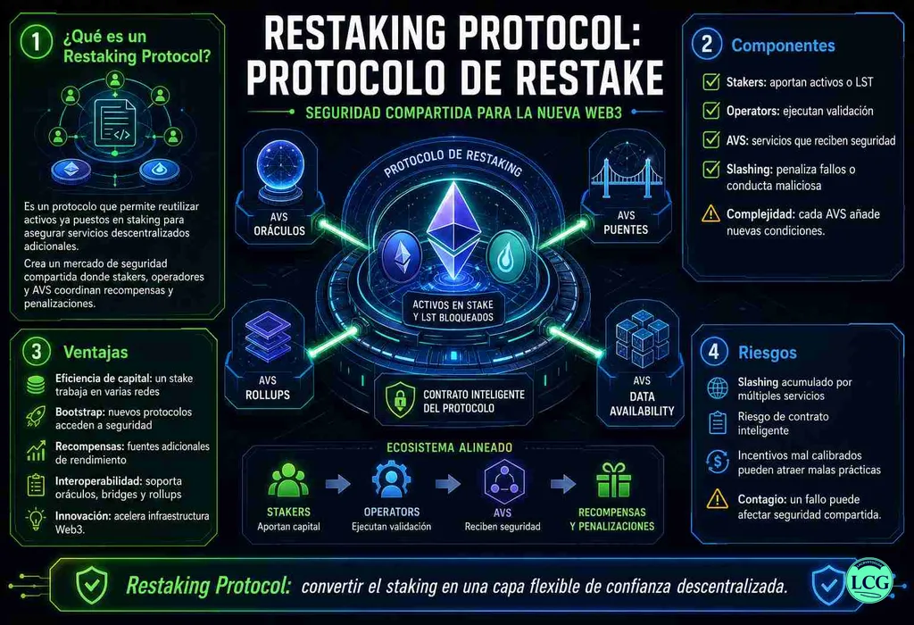Infograf&iacute;a explicativa sobre Restaking Protocol en blockchain y crypto