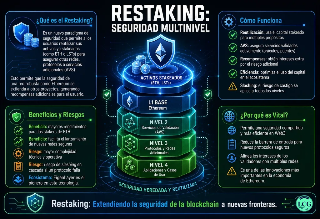 Infograf&iacute;a explicativa sobre Restaking en blockchain y crypto