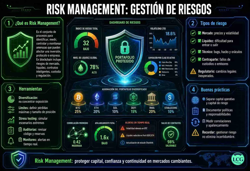 Infograf&iacute;a explicativa sobre Risk Management en blockchain y crypto