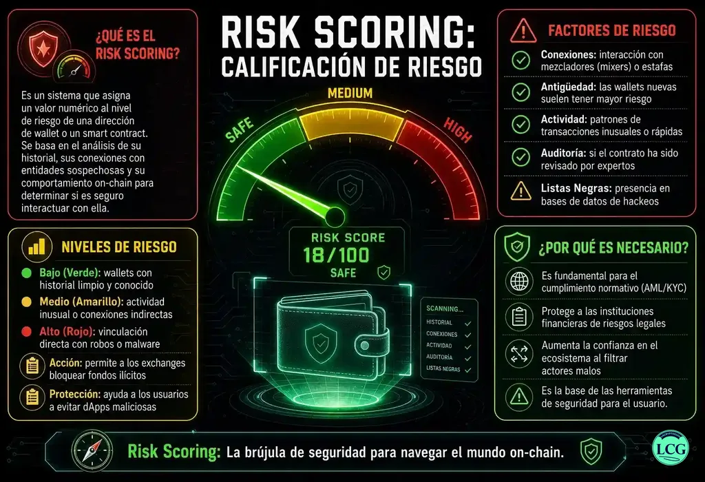 Infograf&iacute;a explicativa sobre Risk Scoring en blockchain y crypto
