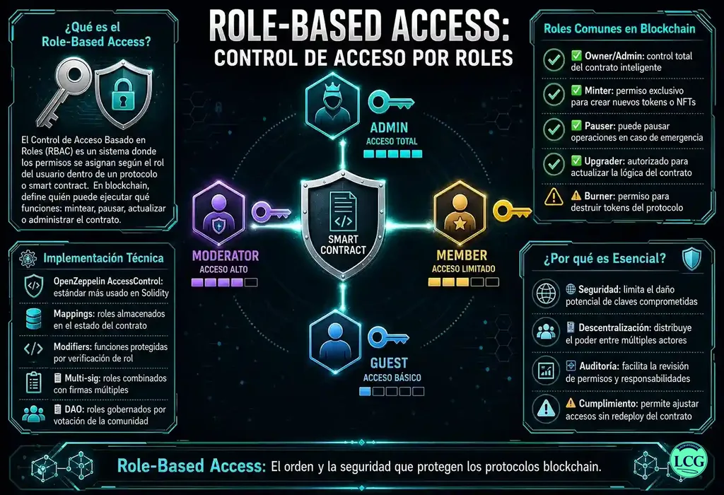 Infograf&iacute;a explicativa sobre Role-Based Accesss en blockchain y crypto