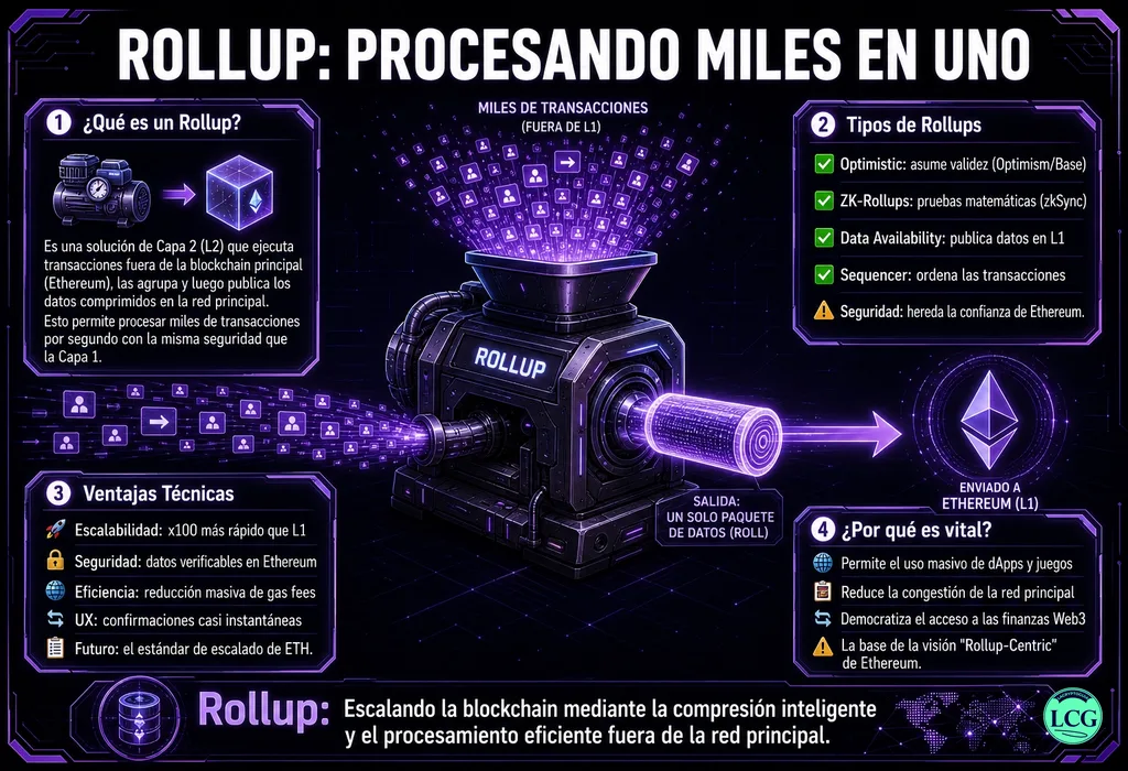 Infograf&iacute;a explicativa sobre Rollup en blockchain y crypto