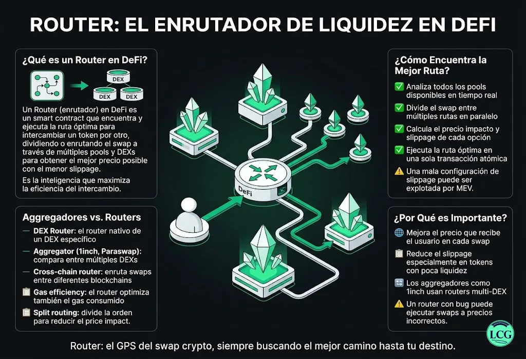 Infograf&iacute;a explicativa sobre Router en blockchain y crypto