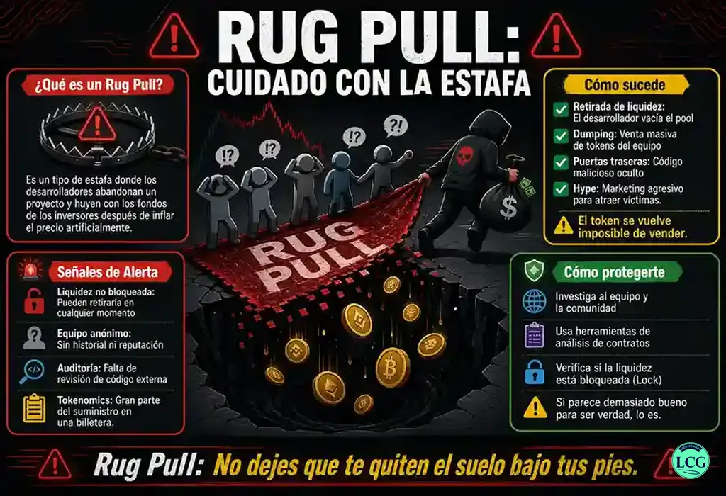 Infograf&iacute;a explicativa sobre Rug Pull en blockchain y crypto