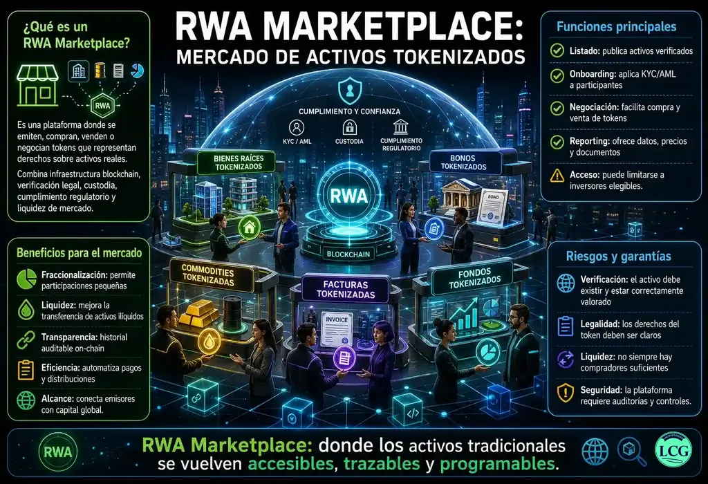 Infograf&iacute;a explicativa sobre Rwa Marketplace en blockchain y crypto