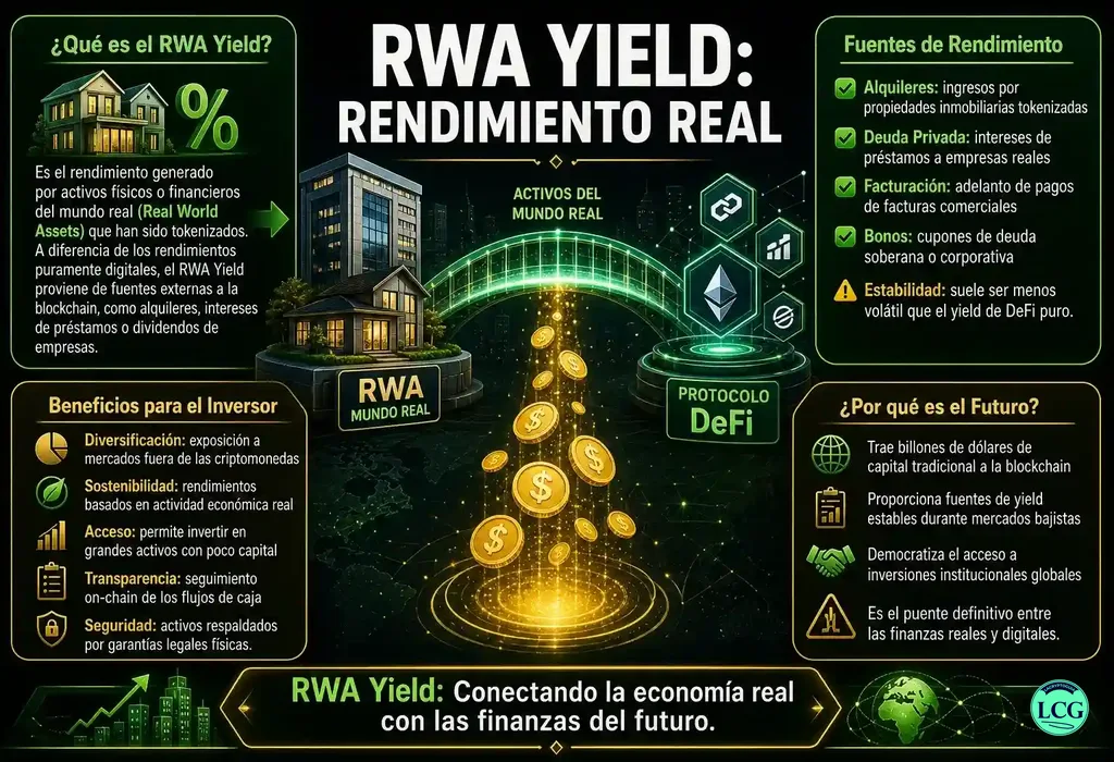 Infograf&iacute;a explicativa sobre Rwa Yield en blockchain y crypto