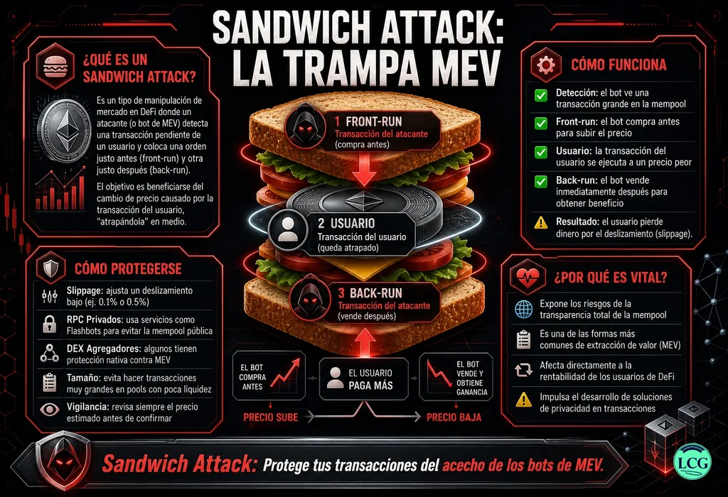 Infograf&iacute;a explicativa sobre Sandwich Attack en blockchain y crypto
