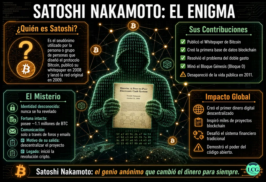 Infograf&iacute;a explicativa sobre Satoshi Nakamoto en blockchain y crypto