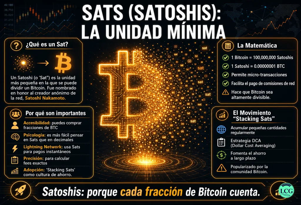 Infograf&iacute;a explicativa sobre Sats Satoshis en blockchain y crypto