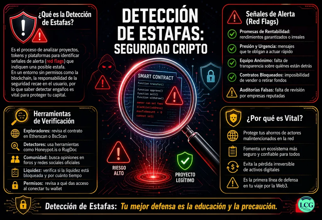 Infograf&iacute;a explicativa sobre Scam Detection en blockchain y crypto