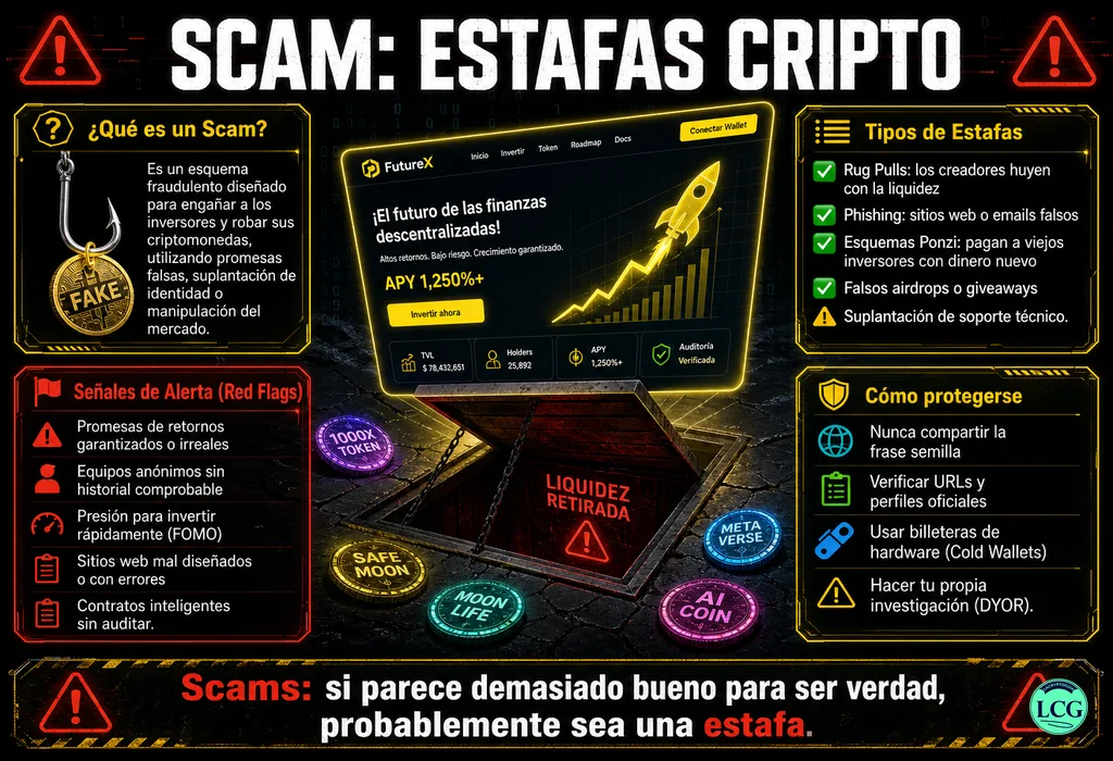 Infograf&iacute;a explicativa sobre Scam en blockchain y crypto