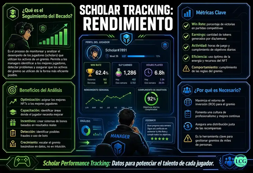 Infograf&iacute;a explicativa sobre Scholar Performance Tracking en blockchain y crypto