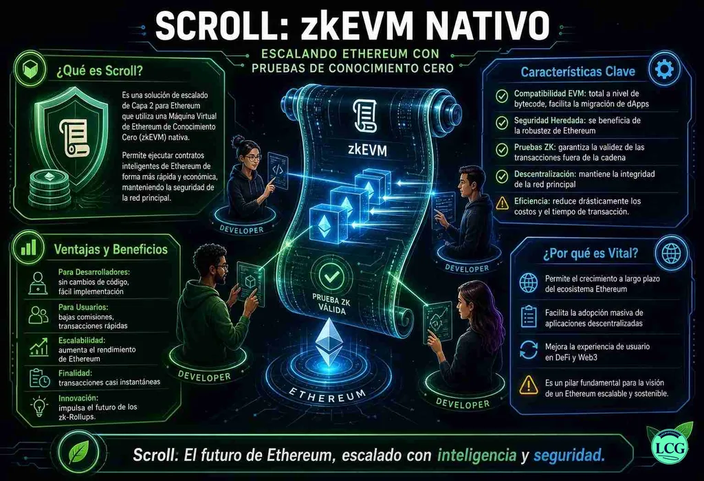 Infograf&iacute;a explicativa sobre Scroll (Zkevm Nativo) en blockchain y crypto