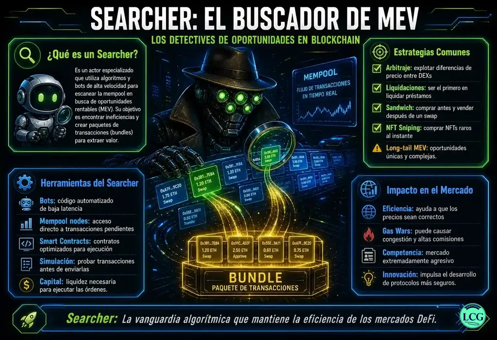 Infograf&iacute;a explicativa sobre Searcher (Mev) en blockchain y crypto