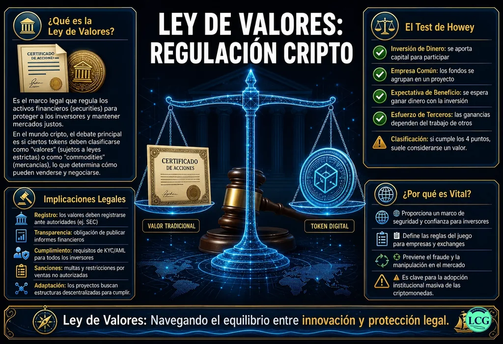 Infograf&iacute;a explicativa sobre Securities Law en blockchain y crypto