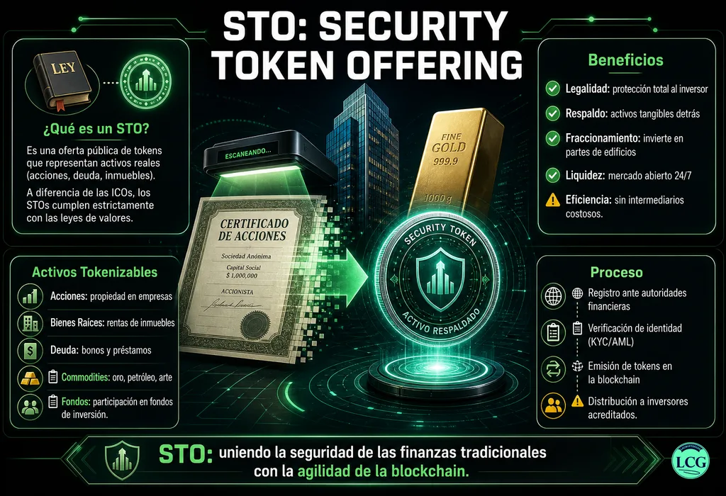 Infograf&iacute;a explicativa sobre Security Token Offering (Sto) en blockchain y crypto