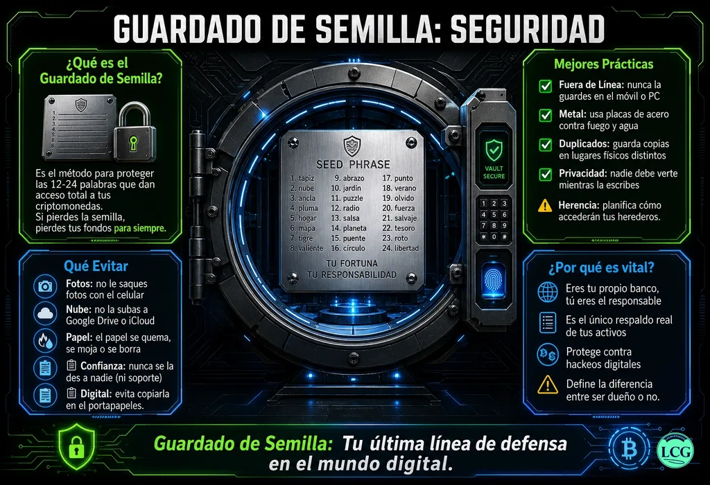 Infograf&iacute;a explicativa sobre Seed Phrase Storage en blockchain y crypto