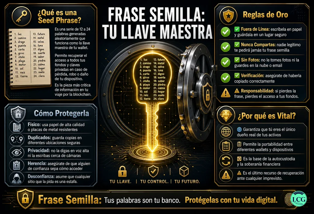 Infograf&iacute;a explicativa sobre Seed Phrase en blockchain y crypto